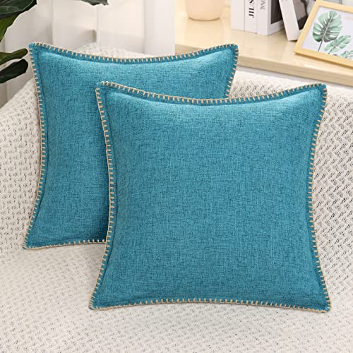 decorUhome Decorative Teal Cushion Covers 18x18 inch Linen Trimmed Edge Cushion Cover for Sofa Couch 45x45cm Set of 2