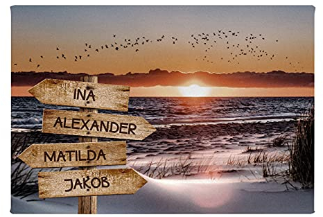 Herz & Heim® Leinwand mit Strandmotiv und Wegweiser personalisierbar mit 4 Namen