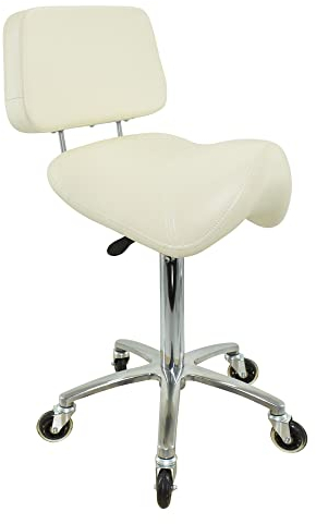 VAKON SALON - Breiter Sattelhocker mit Lehne Weiß, Sattelstuhl für Rückenentlastung, Rollhocker höhenverstellbar von 55-75 cm Drehhocker, Praxishocker, Bürohocker, Arbeitshocker