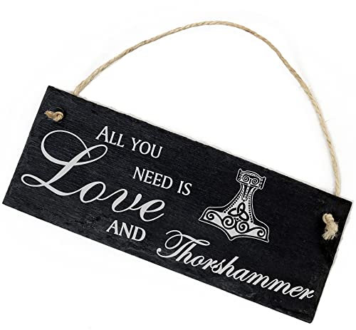 Slate Decorative Thor's Hammer Sign 22 x 8 cm - All You Need Is Love and Thor's Hammer - Wall Decoration Door Sign