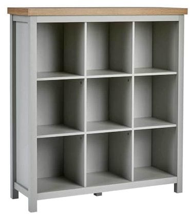 Home Source Storage Cube Bookcase, 9 Shelf Wooden Display Unit, Oak Effect Top, Grey