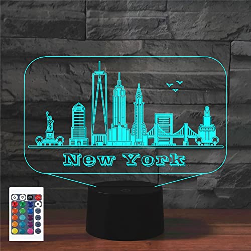 SUPERRUIDALONG 3D New York Fernbedienung 16 Farben Nachtlichter Illusion Acryl LED Tisch Nachttisch Lampe Kinder Schlafzimmer Schreibtisch Dekor Geburtstag Weihnachten Geschenke Spielzeug für Kinder