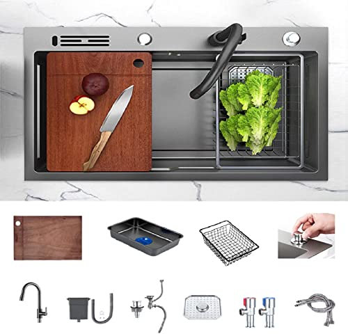 HGTRH Lavandino Cucina Grigio AntiGraffio, Lavello Cucina 1 Vasca con Gocciolatoio Acciaio Inox, Acciaio Satinato Lavabo da Incasso, Lavabo Cucina Grigio 1 Vasca Grande con Rubinetto Girevole