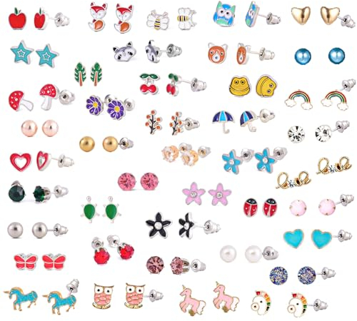 JUZICHEN 32-45 Paar Silber ohrringe mädchen, hypoallergene ohrringe klein, Schmetterling, Blume, Perlen, Stern, herz ohrringe Ohrstecker Set, Mehrfarbige kinderohrringe Für Mädchen Kinder Damen