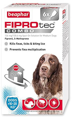Beaphar - FIPROtec® COMBO for Medium Dogs (10-20kg) – 6 pipettes - Kills Fleas, Flea Eggs, Flea Larvae & Ticks - Stops Fleas Multiplying on Pet and in Home - Vet Strength Dog Flea Treatment