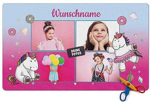 PR Print Royal Schreibtischunterlage selbst gestalten mit Fotos und Name - Einhorn mit Donuts - Waschbar, Personalisierte Geschenke zur Einschulung | 600 x 350 mm, Rutschfest, Schreibtischschutz
