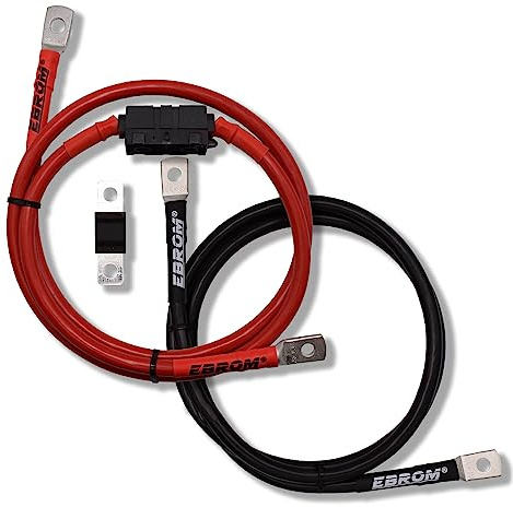 EBROM Cable de conexión de carga, cable de batería rojo + negro, 10 mm², conexión de la batería de alimentación, terminales M8 M10, fusible MIDI, su selección: 10 mm2, 60 cm, zapatos M10 + M10,