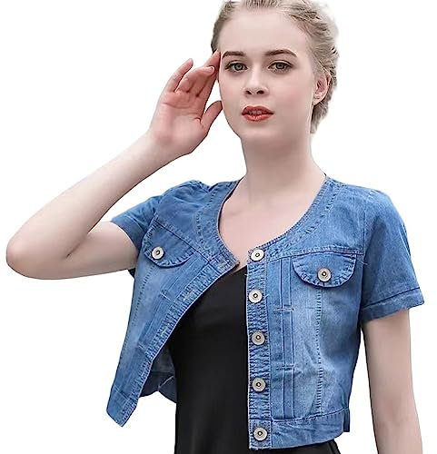 Giacca Donna di Jeans A Maniche Corte Cardigan Abbottonato Estivo Crop Scialle Cappotto Elasticizzato Faded Jean Shrug Jacket Top