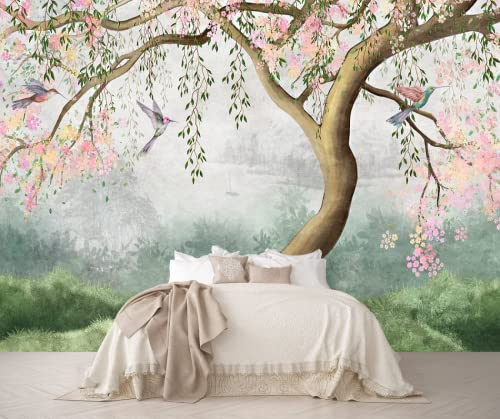 Fototapete 3D Effekt Handgemalte Stil Blume Vogel Baum Tapeten 3D Effekt Vliestapete Wohnzimmer Schlafzimmer Wandbilder Wanddeko