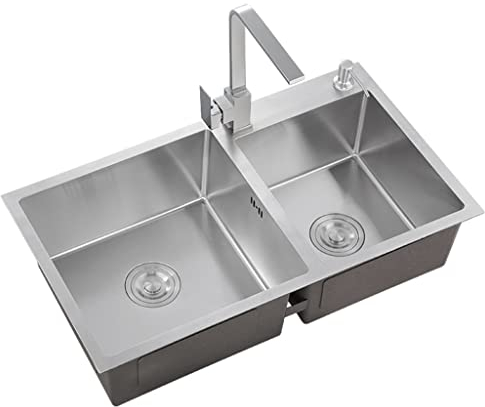 Spülbecken. Bar-Doppelwaschbecken aus Edelstahl mit Ablaufgarnitur und quadratischem Wasserhahn zum Einsetzen oder Unterbaumontage (Farbe: Silber, Größe: 78 x 43 x 20 cm)