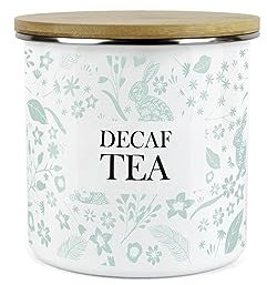 Purely Home Wild Rabbits Decaf Tea Canister - Green Metal Enamel Medium Sized Kitchen Food Storage Container
