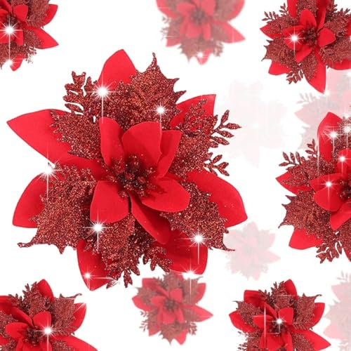Set Da 15 Fiori Grandi per Albero Di Natale, Addobbi Natalizi, Diametro 14 cm, Resistenti, Rose Rosse
