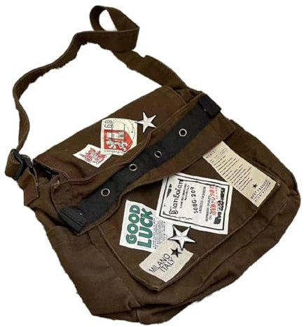 Canvas Messenger Bag für Frauen Vintage Crossbody Bag Star Patch Grunge Schultertasche, Braun, Medium