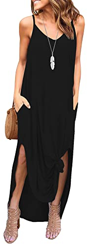 AUSELILY Maxikleid Damen Sommer Strandkleid Lang V-Ausschnitt Trägerkleid Damen Sommer Freizeitkleider Lang mit Schlitz Einstellbar Spaghettiträger Kleid Maxi Sexy mit Taschen