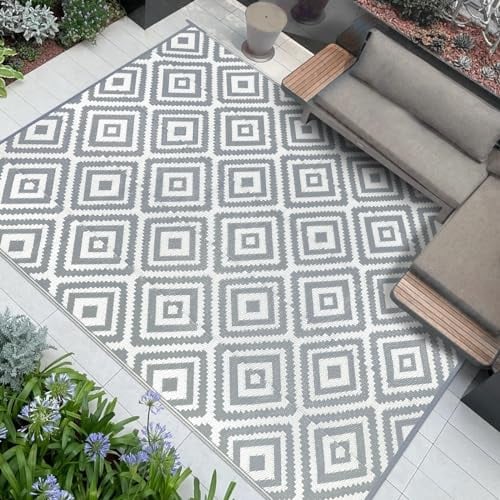 Famibay Outdoor Teppich Wetterfest Outdoor Teppich Balkon Camping Wasserfest Grau Kunststoff Wendbar Leicht Outdoorteppich für Terrasse Garten Balkon Camping Innen Außen