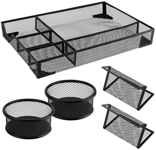 HEIHAK Desk Drawer Tray Set of 5, Metal Mesh Drawer Organiser 5 Compartments Large Space Multi-Use Office Drawer Organiser Desk Drawer Tidy for Office, Bathroom, Kitchen Flatware, Makeup