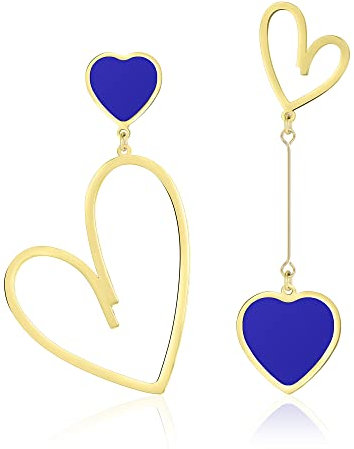 Linawe Gold Heart Dangle Drop Earrings - Royal Blue, Titanium Stainless Steel, Hypoallergenic, Asymmetrical Mismatched