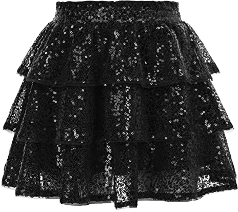 GRACE KARIN Pailletten Röcke für Mädchen 3 Lagen A-Linie Tutu Ballett Rock Tanz Skorts Glitzer Rock Schwarz 14 Jahre