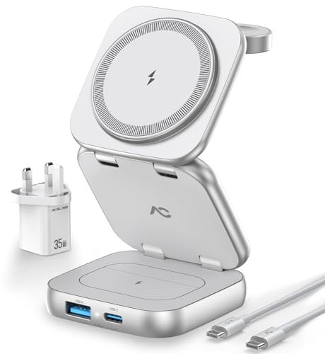 AC Island 5 in 1 Ladestation für Apple Watch Und iPhone Kompatibel mit Mag-Safe ladegerät, Faltbar Wireless Charger, Induktive Ladestation für iPhone 15/14/13/12 Serie, AirPods Pro/3/2(Silber)