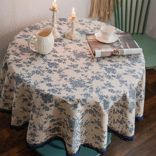 Round Tablecloth Blue/Black - Blue or Black Floral Pastoral Table Cloth Cotton Linen Vintage, 150cm Round Tablecloth, Indoor Outdoor Table Cloth for Party,Picnic,Dining,Garden