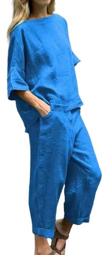 MJGkhiy Overall für Damen, elegant, bequem, zweiteilig, kurzärmelig, T-Shirt und lange Hose, leicht, weites Bein, Rundhalsausschnitt, Sportanzüge, elegante und lange Strandanzüge, Hellblau, M