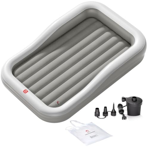 QPAU Cama inflable de viaje para niños pequeños con 3 lados, extragrande, color gris