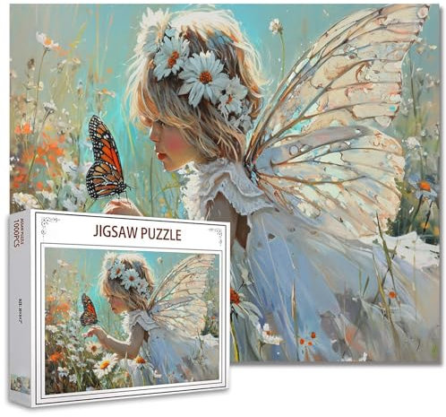 Tucocoo Engel kleines Mädchen Puzzle für Erwachsene 1000 Teile, Gänseblümchen Blumen Schmetterlingskunst, 70 x 50 cm Do-it-Yourself-Puzzle für Heimtextilien Geschenke, Familienpuzzle perfekt