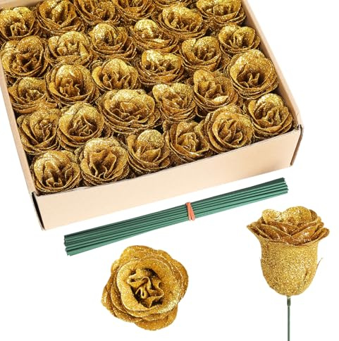 Rzoukler Rose dorate, bouquet di rose artificiali glitterate con steli, per bouquet di nozze, feste, Natale, decorazione per la casa (oro)