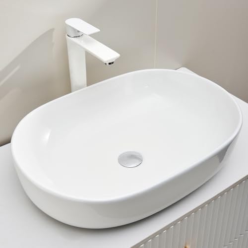 Schwänlein Waschbecken Oval aus hochwertiger Sanitär-Keramik 60 x 40 x15 cm Aufsatzwaschbecken für Badezimmer und Gäste-WC Handwaschbecken ohne Hahnloch und Überlauf weiß (Weiß, 60 x 40 x 15 cm)