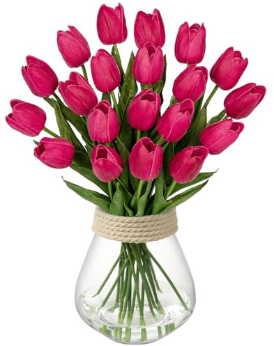 20 Stück Tulpen Künstlich Kunstblume Real-Touch Dunkelrosa Latex Tulpe Blumen Deko Kunstpflanze Länge 34cm für Home Room Hochzeitsstrauß Party Blumengesteck