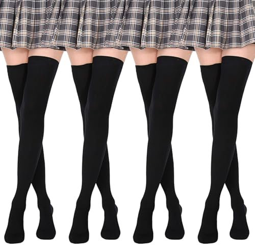 PanAcratis 4 Pairs Thigh High Socks Black Over the Knee Socks Womens for Women Knee High Socks for Daily Wear Knee High Socks Over Knee Leg Warmers Tube Dresses Fashion Cotton Thigh High Socks