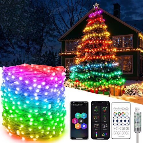 Weihnachtsbeleuchtung Außen 10m 100 LED,RGB Smart Lichterkette Weihnachtsbaum,Farbwechsel Lichterketten für Weihnachtsbaum,IP65 Wasserdichte Lichterkette mit Timing Fernbedienung und APP Gesteuert