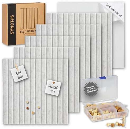 Synctos Pinnwand Filz Selbstklebend - 6 Stück - 30x30cm Groß & 12mm Dick - 100+ Holz Pinnadeln - Modern Pinwand Design für Haus, Schule & Büro - Stilvolle Korkwand/Kork Pinboard ohne Bohren - Hellgrau