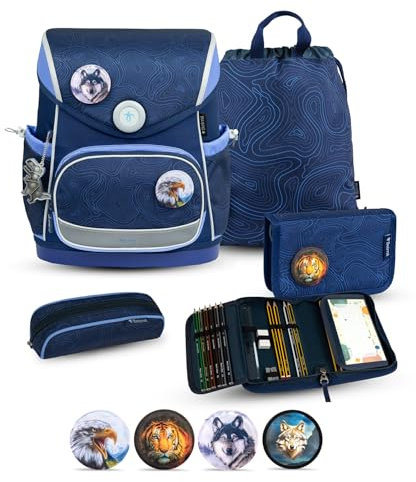 Belmil Premium Compact Plus ergonomisches Schulranzen Set 5 - teilig, AGR, Brustgurt, Hüftgurt, Magnetverschluss (405-41/P/S) (Topographic 2)