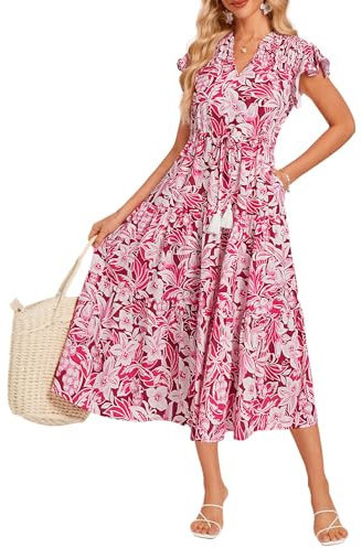 Women's Casual Summer Dresses Wedding Guest A Line Floral Midi Dress Flutter Sleeve Long Swing Boho Tiered Swing Dress Pink Floral XL