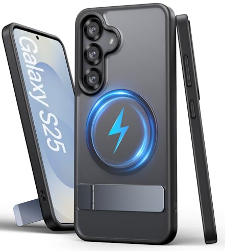 SIXBOX für Samsung Galaxy S25 Hülle mit Ständer & Magnet, Schwarz | Kompatibel mit MagSafe, Militärischer Schutz Dünn Stoßfeste Handyhülle, Matte Robuste Schutzhülle für Galaxy S25 2025