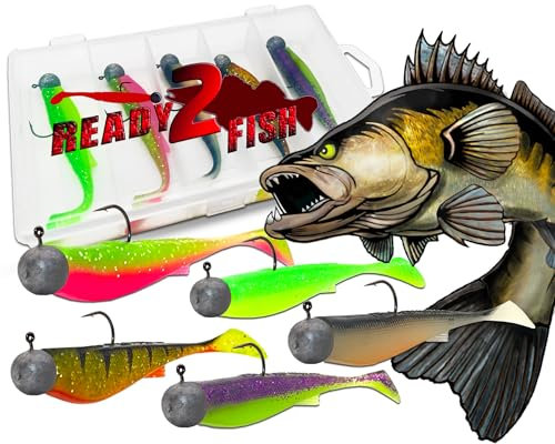 Wild Devil Baits Ready2Fish Smart Shad Zander mit Box Gummifisch Set mit Jighaken Kunstköder