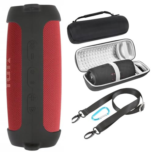 STRADO Hart Reise Tragen Tasche für JBL Charge 5/6 mit Armband | Hülle mit Metall-Karabinierhaken | Schwarz Schutzhülle für JBL Blueetooth Musikbox | Case für JBL Box Charge 6/5 Etui Tasch