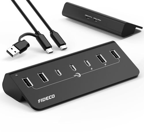 FIDECO USB Hub mit Netzteil, 7 Port USB 3.2 Gen 2, 10Gbit/s Schneller Datenhub, Vollaluminium-Verlängerungssplitter mit 5V 3A Netzteil, 4 USB-A-Ports und 3 USB-C-Ports, Unterstützt BC1.2-Aufladung