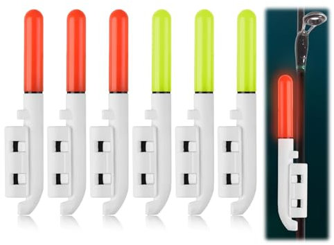 6 Stück Rutenspitzenlichter für Nachtangeln, tragbare LED-Meeresangeln, Bissanzeiger, Glocken-Leuchtstäbe mit Schnalle, 3 grün + 3 rot, leuchtend, wasserdicht, nicht leicht abzufallen, für