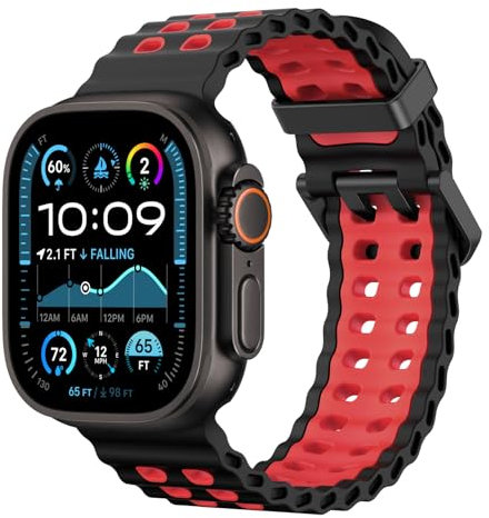 Astorgos Cinturino Traspirante Ocean Compatibile con Apple Watch Ultra 2/Ultra 49mm,Serie 10 46mm, 9/8/7 45mm,SE2/SE/6/5/4 44mm,3/2/1 42mm,Cinturini Sportivo in Silicone per Uomo e Donna, Nero/Rosso
