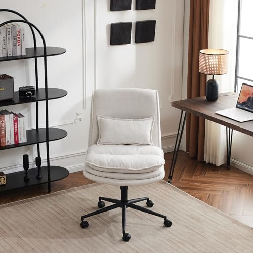 Bonnlo Bürostuhl ohne Armlehne, Schneidersitz Stuhl mit Lendenkissen, Drehstuhl mit Rollen, Höhenverstellbar Breiter Schreibtischstuhl, Homeoffice, Baumwolle-Leinen, Beige