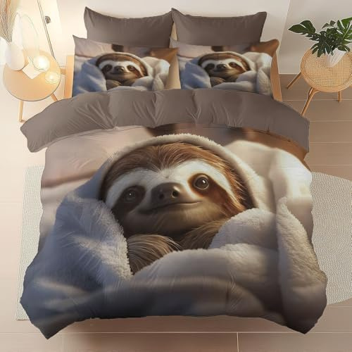 Bettwäsche 155 x 220 cm Bedruckte 3 Teiliges, Hd Decke Faultier Mikrofaser Bettbezüge mit Kissenbezug 80x80 cm, Grau Wende Bettbezug mit Reißverschluss für Erwachsene Kinder