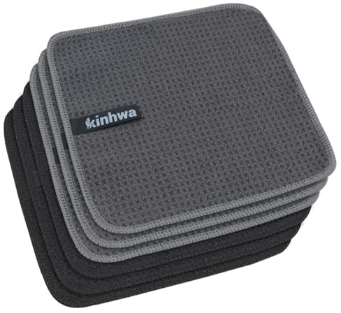 KinHwa Spültücher schwarz+grau Spüllappen waschbar Waffeltuch 20x20 cm | Mikrofaser Putzlappen , Barista tuch, fusselfrei streifenfrei, stark saugfähig, schnell trocknend, küchenlappen 6 Stück
