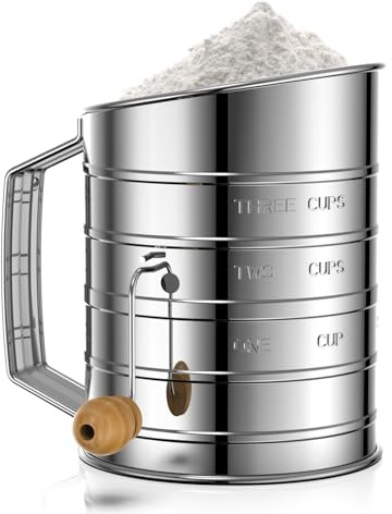 Esvopa Flour Sifter for Baking, 3 Cup Hand Crank Sifter with Rotary | Excellent Stainless Steel, Professional Fine Mesh and Agitator Flour Duster