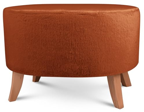 MG Design Pouf Ovale en Fausse Fourrure 62 x 72 cm en Orange avec Pieds en Bois – Repose-Pieds Confortable pour Salon ou Chambre