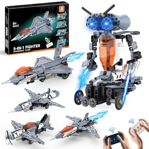 5 IN 1 STEM Roboter Bausatz, 334PCS Kampfjet Flugzeug Bausatz mit 2.4GHz APP & Fernbedienung & Programmierbar, Verwandelbares Kampf Jet Spielzeug für Kinder Junge 6-12 Jahre, Weihnachts Geschenke
