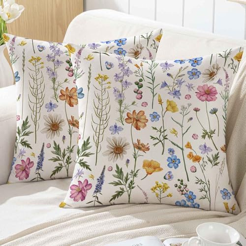 ViaElayu Frühling Kissenbezug 40x40 Blumenkissen Outdoor Sofakissen Blau Rosa Gelb Blumen Grün Blätter Kissenhüllen Dekokissen Kissenbezüge Garten Sofa Deko Kissen Couchkissen 2er Set
