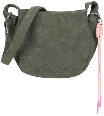 Fritzi Sue02 Suede Jacky Soft Umhängetasche Kunstleder Damen Crossbody Handtasche Festival City vegan Suede-Optik Kordelanhänger 22 x 23 x 9,5 cm – Anthrazit, Grün, Braun, Graublau