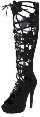 Feinlina Bottes hautes à talons aiguilles en daim noir avec découpes, bout ouvert, lacets, motif floral et fermeture éclair arrière pour femmes (40,Schwarz)